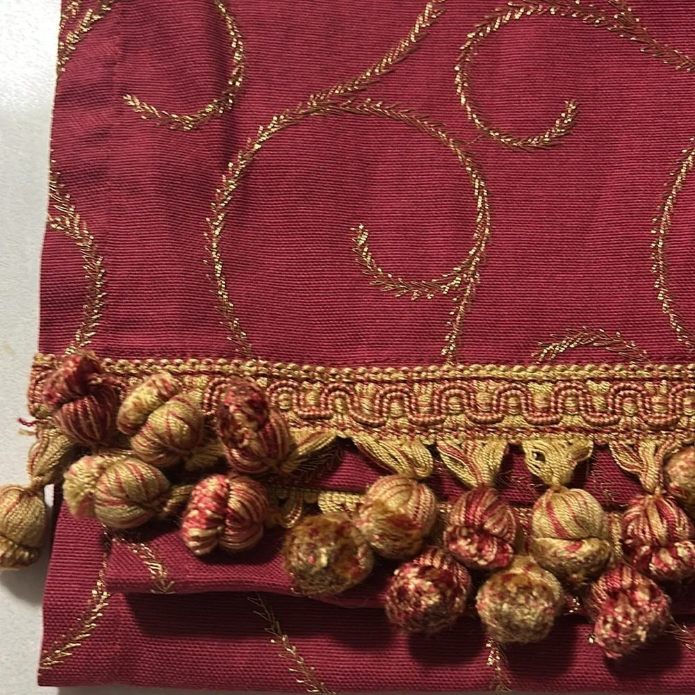 Bovi Italian dark cherry and gold embroidered table runner w tassels